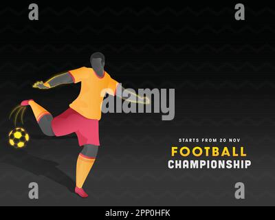 Football Championship Concept With Faceless Male Player Kicking The Ball On Black Zigzag Lines Background. Stock Vector