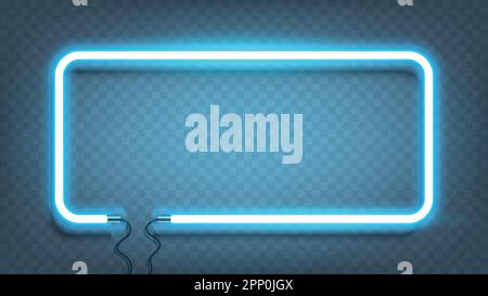 Neon rectangle lamp wall sign isolated on transparent background. Vector blue power glowing bulb banner, light line or neon frame for your design. Vec Stock Vector