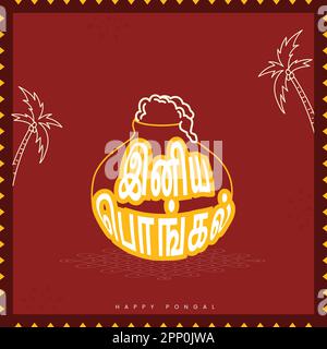Sticker Style Happy Pongal Text Written In Tamil Language With Doodle Mud Pot Full Of Traditional Dish Over Kolam And Coconut Tree On Red Background. Stock Vector