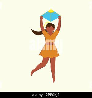 Faceless Modern Young Girl Holding Kite On Pastel Yellow Background. Stock Vector