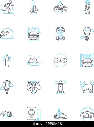 Eco-tourism linear icons set. Wilderness, Sustainability, Conservation, Adventure, Biodiversity, Nature, Wildlife line vector and concept signs Stock Vector