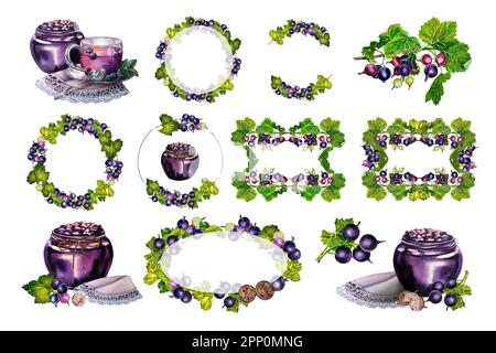 Set with blackcurrant. Currant jam, frames. Watercolor hand drawn illustration. Isolated. For labels, packaging and banners. For textiles, prints and Stock Photo