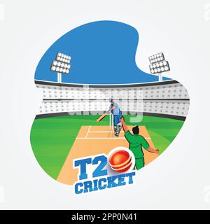 T20 Cricket Match Poster Design With Bowler Throwing Ball To Batsman On Abstract Stadium Background. Stock Vector