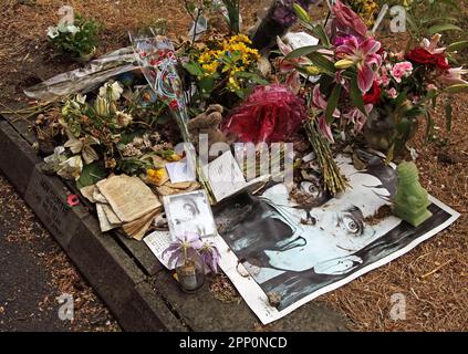 Ian Curtis 18-5-80 Love Will Tear Us Apart, memorial stone, Macclesfield Crematorium, Cheshire, England, UK Stock Photo