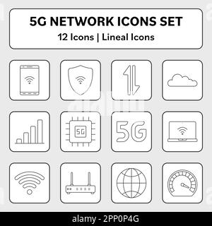 Black Lineal Illustration Of 5G Network 12 Icons Or Symbol Set On Grey Square Background. Stock Vector