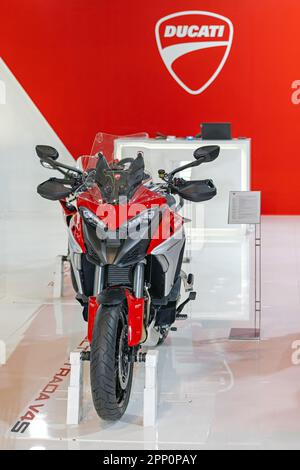 Belgrade, Serbia - March 22, 2023: New Ducati Sport Motorcycle Expo Stand Stock Photo