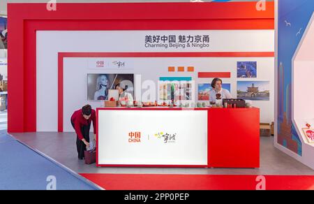 Belgrade, Serbia - February 23, 2023: Charming Beijing and Ningbo China Expo Stand at International Tourism Fair Travel Event. Stock Photo