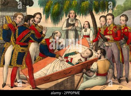 L'ouverture du cercueil de Napoleon Bonaparte (1769-1821), sur l'ile de Sainte Helene, le 16 octobre 1840. (Opening Of Coffin Of Napoleon On Saint Helena Island On October 16, 1840). François Désiré Gosselin Stock Photo