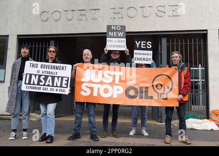 Supporters outside Southend Crown Court in Essex, after Morgan Trowland and Marcus Decker were sentenced to to three years in prison and two years and seven months in prison respectively for causing a public nuisance, over a demonstration that shut the Dartford Crossing for two days. Picture date: Friday April 21, 2023.
