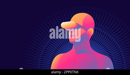 Person wearing virtual reality headset. Abstract VR world with circular neon lines. Vector illustration Stock Vector
