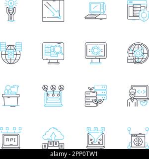 Industry insights linear icons set. Trends, Data, Analytics, Performance, Metrics, Innovation, Strategy line vector and concept signs. Competition Stock Vector