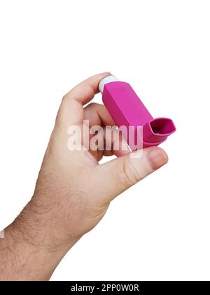Hand holding asthma inhaler isolated on white Stock Photo