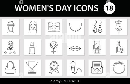 Black Thin Line Art Set Of Women's Day Celebration Icons On Square Background. Stock Vector
