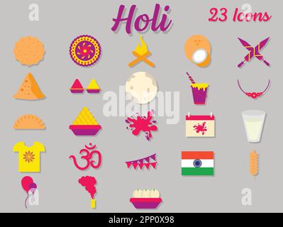 23 Holi Festival Icon Or Symbol Set On Grey Background. Stock Vector