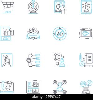 Online promotion linear icons set. Marketing, Advertising, Socialmedia, Engagement, Visibility, Conversion, Traffic line vector and concept signs Stock Vector