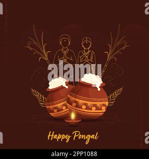 Happy Pongal Celebration Concept With Clay Pots Full Of Traditional Dish, Lit Oil Lamp (Diya) And Doodle South Indian Couple Greeting Namaste On Burnt Stock Vector