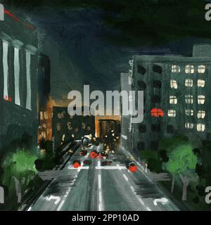 Hand drawn illustration oil painting of night cityscape, modern city scene. Road highway buildings in twilight evening lights cars traffic. Sketch drawing in black green orange Stock Photo