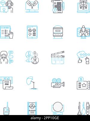 Motion picture linear icons set. Drama, Comedy, Thriller, Action, Horror, Romance, Fantasy line vector and concept signs. Sci-fi,Adventure,Animation Stock Vector