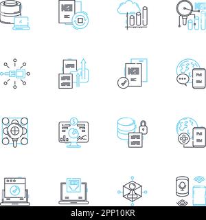 Performance metrics linear icons set. Evaluation, Analysis, Metrics, Progress, Success, Improvement, Efficiency line vector and concept signs. Measure Stock Vector