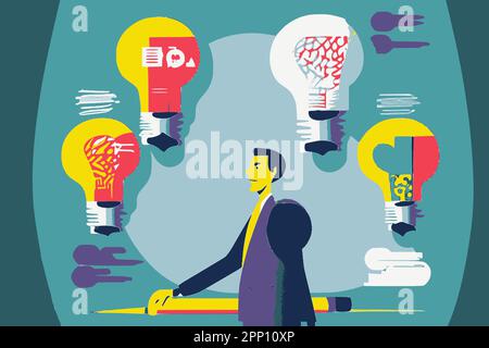 Business concept vector image. Thinking process from idea to implementation. Stock Vector