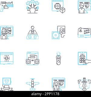 Computer play linear icons set. Gaming, Streaming, Simulations, Programming, Graphics, Virtuality, Roleplaying line vector and concept signs. Online Stock Vector