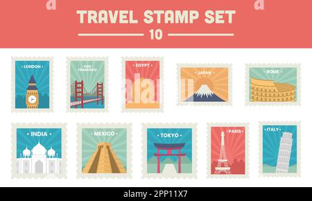 World Monument For Travel Stamp Or Ticket Collection Stock Vector
