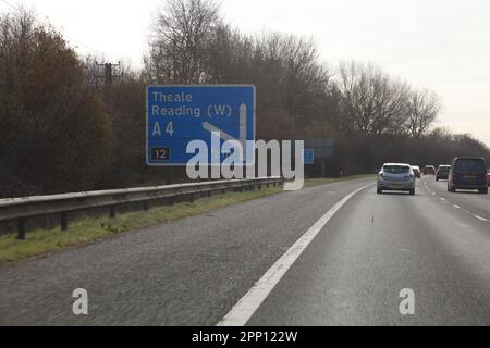 The turn off sign for junction 12 on the M4 motorway west bound at Theale. Stock Photo