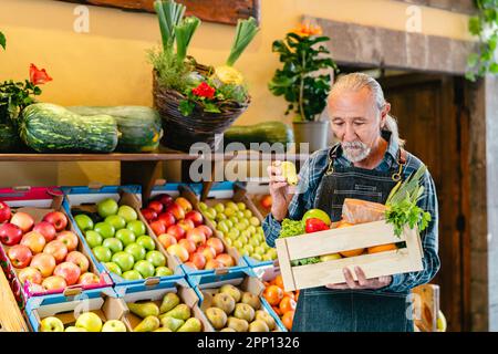 Senior greengrocer working at the market holding a box containing fresh fruits and vegetables - Food retail concept Stock Photo