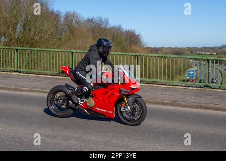 2019 Ducati Panigale V4 R V Twin EU4 Red Motorcycle Supersports Petrol 998 cc; crossing motorway bridge in Greater Manchester, UK Stock Photo