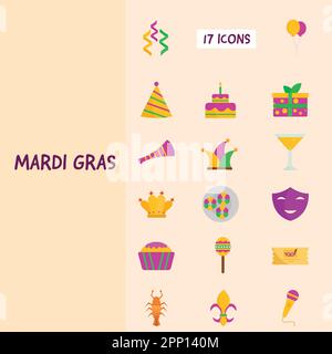 Mardi Gras Event Celebration 17 Icons On Peach Background. Stock Vector