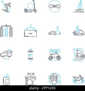 Family vacation linear icons set. Adventure, Beach, Camping, Cruise, Relaxation, Theme parks, Road trip line vector and concept signs. Mountains Stock Vector
