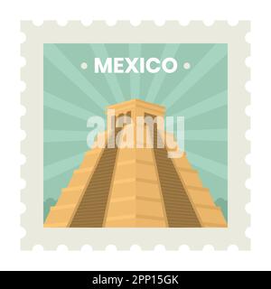 Mexico Travel Stamp, Sticker Or Ticket Design With Orange Mayan Temple Over Green Rays Background. Stock Vector