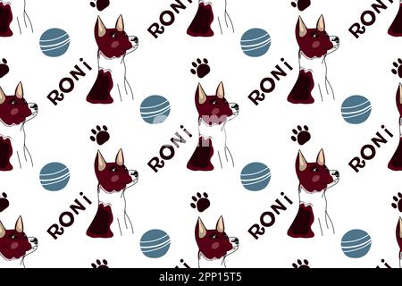 Seamless pattern on the theme of pets. Basenji Roni, toys for dogs, blue balls drawn in vector on a tablet. For printing, packaging design, postcards Stock Vector