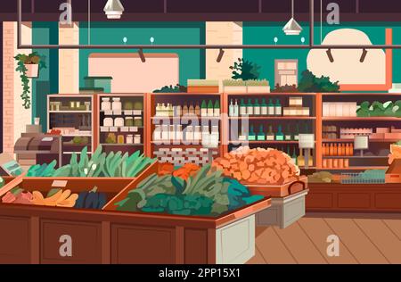 modern grocery shop interior supermarket with food product shelves racks with vegetables fruits and dairy drinks fridge Stock Vector