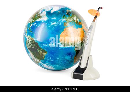 Wireless dental curing light LED with Earth Globe, 3D rendering isolated on white background Stock Photo