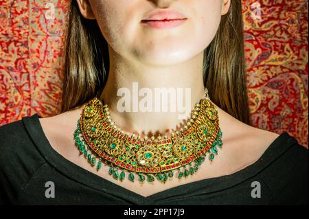 London, UK. 21st Apr, 2023. A gem-set and enamelled gold necklace, 19th Century, est £18,000-25,000 - Preview of Christie's Art of the Islamic and Indian Worlds, including Oriental rugs and carpets. Credit: Guy Bell/Alamy Live News Stock Photo