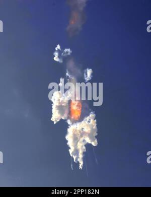 Boca Chica, United States. 20th Apr, 2023. Space X Starship explodes minutes after lift off on its first launch from Starbase, in Boca Chica, Texas, on Thursday, April 20, 2023. Photo by Thom Baur/UPI Credit: UPI/Alamy Live News Stock Photo