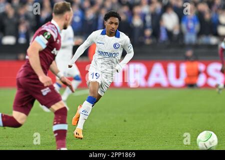 Malick Fofana of Gent pictured during a soccer game between West Ham United and AA Gent during the second leg of the quarter final in the Uefa Conference League for the 2022-2023 season ,  on  Thursday 20 April 2023  in London , England  . PHOTO SPORTPIX | David Catry Stock Photo