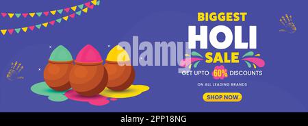 UP TO 60% Off For Biggest Holi Sale Banner Or Header Design With Clay Pots Full Of Dry Color (Gulal). Stock Vector