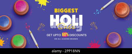 UP TO 60% Off For Biggest Holi Sale Banner Or Header Design In Blue Color. Stock Vector