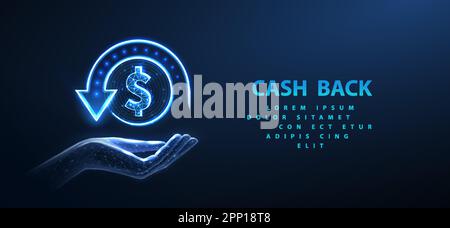 Cashback. Coin with dollar sign and back arrow. Cashback bonus, save money, refund policy, earn wage, receive salary, bank credit, digital financial t Stock Vector