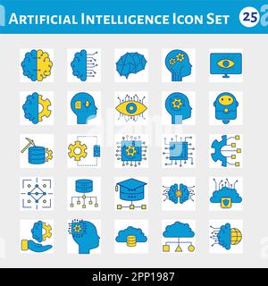 Set Of 25 Artificial Intelligence Icon Set In Blue And Yellow Color. Stock Vector