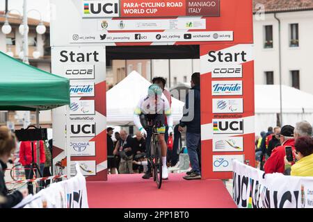 Maniago, Italy. 21st Apr 2023. Darren Hicks of Australia starts the time trial, and would go on to finish second. UCI World Cup, Individual Time Trial, Maniago, Italy, 21 April 2023,  Casey B. Gibson/Alamy LIve News Stock Photo