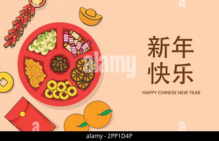 Mandarin Text Of Happy Chinese New Year With Top View Six Partition Plate Full Of Festival Elements On Peach Semi Circle Pattern Background. Stock Vector