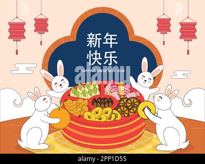 Chinese New Year Celebration Background With Six Partition Box Full Of Festival Elements And Funny Bunnies Illustration. Stock Vector