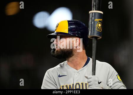 Milwaukee Brewers' Jesse Winker follows through against the Seattle Mariners  during a baseball game Tuesday, April 18, 2023, in Seattle. (AP  Photo/Lindsey Wasson Stock Photo - Alamy