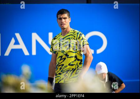 Barcelona, Spain. 21st Apr, 2023. Carlos Alcaraz (Spain) and Alejandro Davidovich Fokina (Spain) face off during a quarterfinal math for the ATP 500 Barcelona Open Banc Sabadell at Real Club de Tenis de Barcelona, in Barcelona, Spain on April 21, 2023. (Photo/Felipe Mondino) Credit: Independent Photo Agency/Alamy Live News Stock Photo