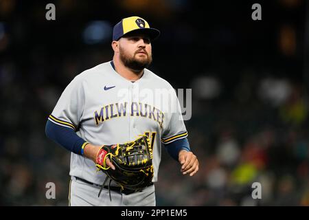 Rowdy Tellez of the Milwaukee Brewers looks on from the dugout