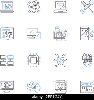 Machine language line icons collection. Algorithm, Binary, Code, Compiler, CPU, Debugging, Encoding vector and linear illustration. Kernel,Logic Stock Vector