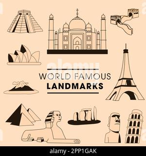 World Famous Landmark Icon Set In Peach And Brown Color. Stock Vector